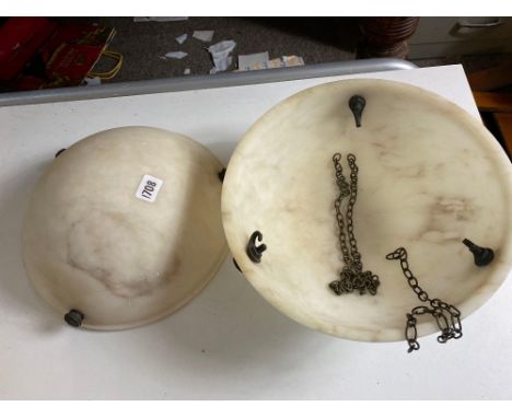 A pair of alabaster light bowls with hooks, 12" diameter