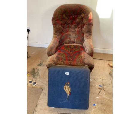 A Victorian button back nursing chair and a tapestry top stool