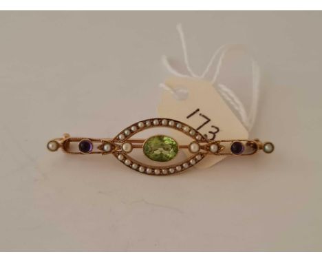 Antique 15ct stamped Edwardian suffragette brooch, set with pearls, amethyst &amp; peridot