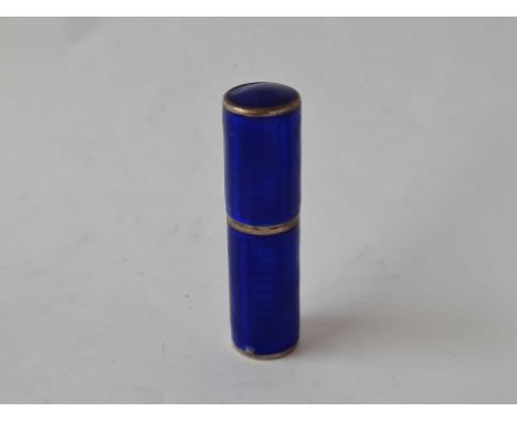 A cylindrical blue enamel scent flask container with glass phial import mark by HCF, 2" high