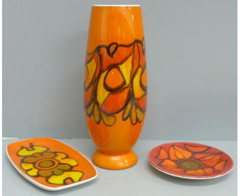 A Poole Delphis vase and two dishes, vase 23.5cm 