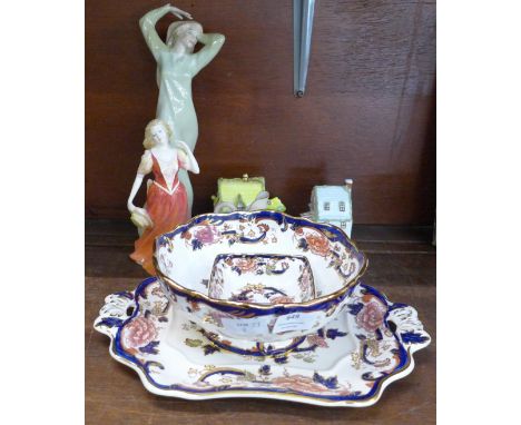 A Royal Worcester Blush ivory jug, a Royal Doulton Reflections figure, a Royal Doulton strolling figure, two Coalport pastill
