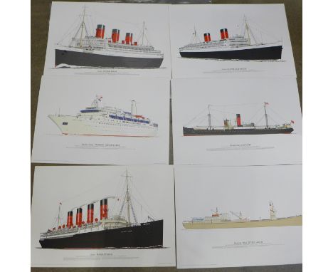 Sixteen lithograph prints of ships including Liner Queen Mary, Liner Queen Elizabeth, Cruise Liner Cunard, Liner Mauretania, 