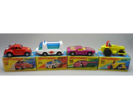 Four Matchbox Superfast models, No46 Stretcha Fetcha Ambulance, No21 Rod Roller, No31 Volks-dragon, No32 Maserati Bora, box f