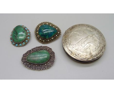 A collection of jewellery from Israel - a compact and three brooches, all different grades of silver and set with eliat, turq