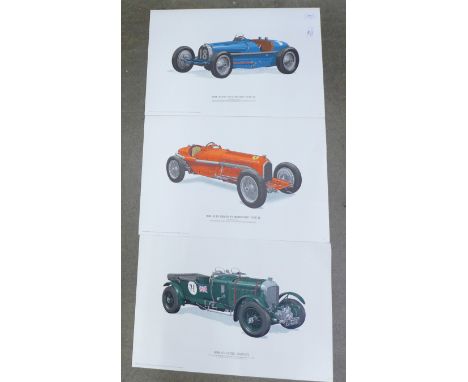 Three vintage car lithographic prints; 1934 Grand Prix Supercharged Bugatti, 1934 Alfa Romeo P3 Monoposto and 1928 4.5 litre 
