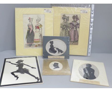 Four vintage hand cut silhouette cards from the 1800s and two original framed prints from the 1830s 