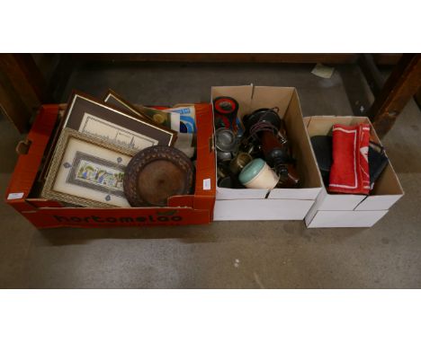 Three boxes of assorted items including a Kodak camera, a lamp, a collar box, two bar towels, etc. **PLEASE NOTE THIS LOT IS 