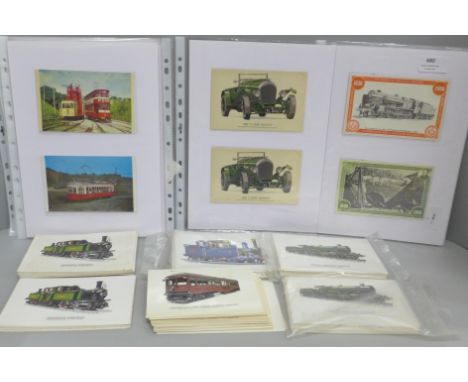 A collection of greetings cards featuring trains, written in Welsh, also a collection of postcards featuring vintage cars, tr