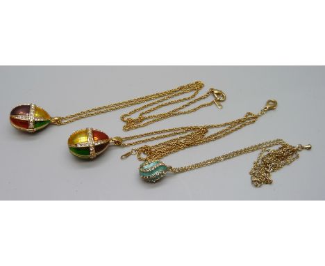 Three Fabergé style egg pendants 