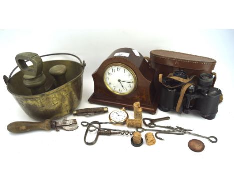 An assortment of collectables, to include a Seth Thomas pocket watch, mahogany veneered mantle clock, 7lb weight, corkscrew a