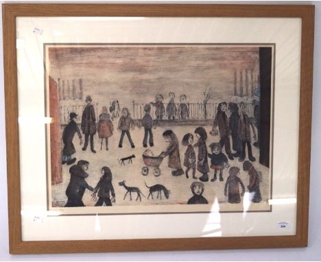 After L S Lowry, a print depicting a playground scene, numbered to bottom left 268/850, framed and glazed, 69cm x 86cm