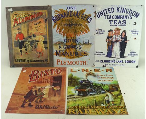 A selection of five reproduction enamel style signs, including Bisto and LNER London &amp; North Eastern Railways 
