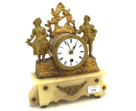 A late 19th century gilt metal mantle clock, mounted on stone base, the dial with Roman numerals denoting hours, 28cm high