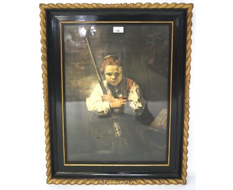 A large print depicting child holding a broom, mounted in black and gilt frame, glazed, 71cm x 55cm