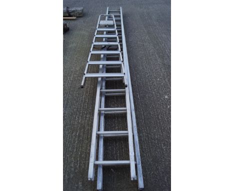 An extending two section aluminium ladder and a folding step ladder, each section of the extending ladder approximately 390cm