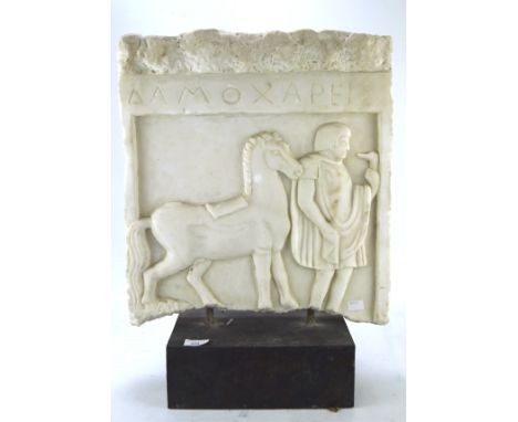 A heavy marble carved sculpture in the neoclassical style, depicting a horse with rider, mounted upon metal plinth, marble it