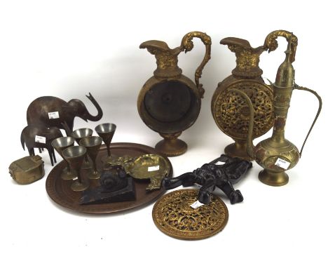 A selection of assorted metalware, to include a travelling compass, elephant figures, Middle Eastern teapot, and more