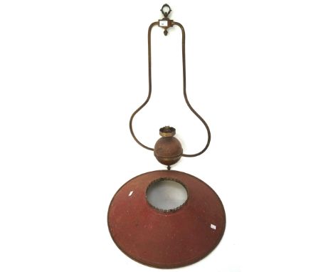 A large cast metal ceiling light with lamp shade, the frame with embossed details, height 80cm