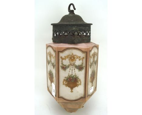 A 20th century glass ceiling light, of hexagonal form, each panel printed with floral scenes, metal fitting to the top, heigh