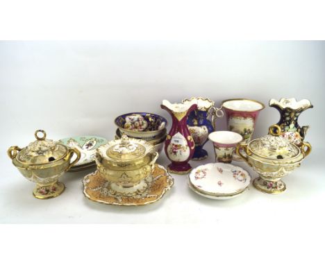 A collection of 19th century and later porcelain and ceramic wares, to include Mintons side plates, three lidded twin handled