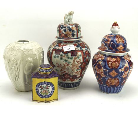 Four items of oriental ceramics, comprising an Imari ginger jar, Chinese ginger jar and lid, Chinese tea caddy (top AF) and a