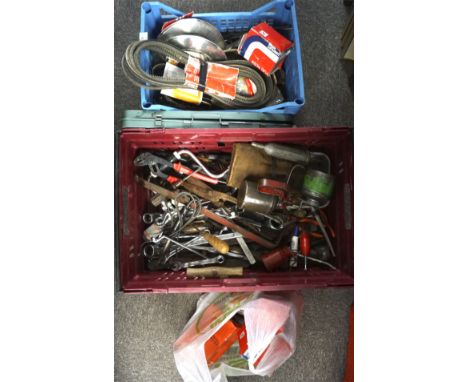 Two boxes of assorted tools and accessories, motoring related, including spanners, Anglia super car badge and more