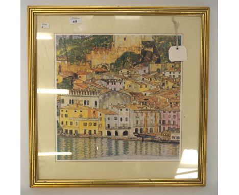 A Gustav Klimt print depicting a continental harbour scene, a paper label attached to a tag reading 'Limited Edition 775/1003