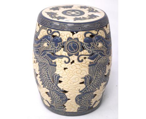 A Chinese blue and white ceramic stool, decorated with dragons, height 42cm