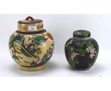 Two 20th century Chinese ginger jars, one of ceramic and decorated with warriors, the other of cloisonne, heights 25cm and 17