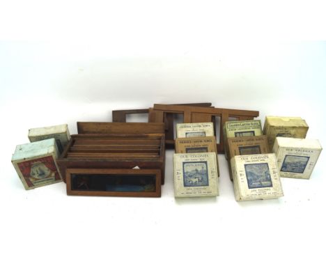 A collection of coloured lantern slides, to include 'The Elephants revenge' various depicting Colonies and others, some house