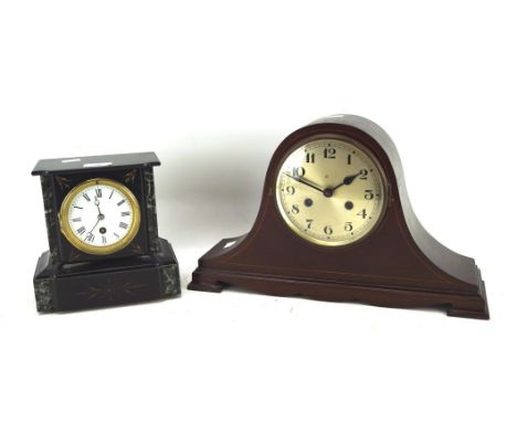 Two 20th century mantle clocks, on a slate example with marble inserts, the white enamel dial with Roman numerals, height 20c