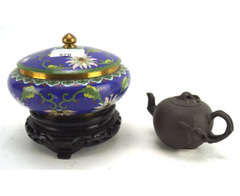 A contemporary cloissonne enamel lidded pot on stand and a teapot, the pot decorated with flowers, height (excluding stand) h