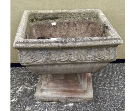 Large square stone planter raised upon pedestal base, height 42cm, diameter 52cm