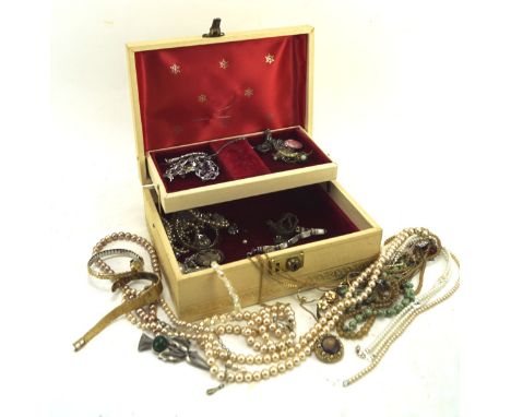 A collection of costume jewellery, including brooches, necklaces, a ladies Rotary watch and more, within a jewellery box