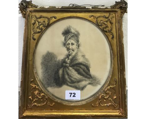 A gilt framed mounted fine ink portrait of an unknown subject, probably Hungarian (frame A/F), 26 x 26cm.