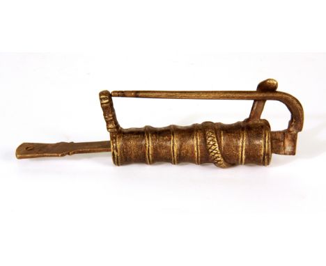 A Chinese bronze / brass cabinet lock decorated with a snake, L. overall 15cm.