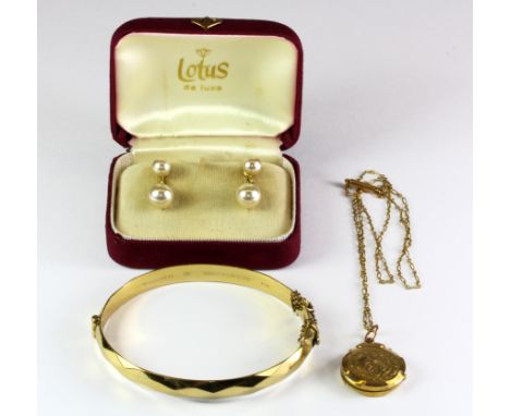 A pair of 9ct yellow gold earrings, a rolled gold locket and chain and a rolled gold bangle.