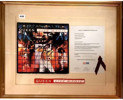 A framed record sleeve Queen Live Magic autographed by Freddy Mercury, 61 x 73cm.