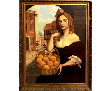 A large gilt framed oil on canvas portrait of Nel Gwyn, W. 88cm, H. 113cm.