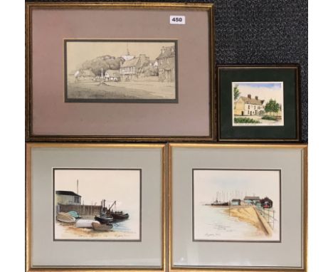 A framed 1930's pencil sketch of Benfleet and three other local pictures.