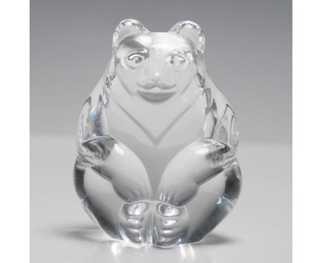 Steuben crystal bear figurine with smooth, stylized features and a seated posture, expertly crafted in clear lead crystal. Si