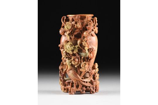 A Large Chinese Chrysanthemum And Phoenix Carved Soapstone Vase