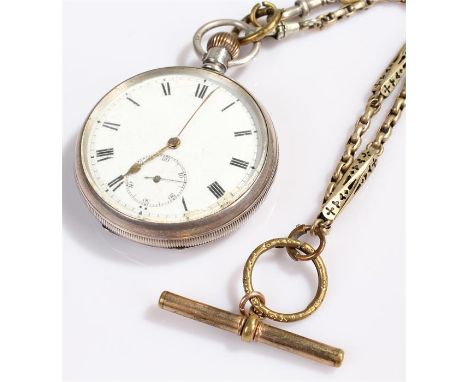 Silver open face pocket watch, the white enamel dial with Roman hours, subsidiary seconds dial, together with a watch chain