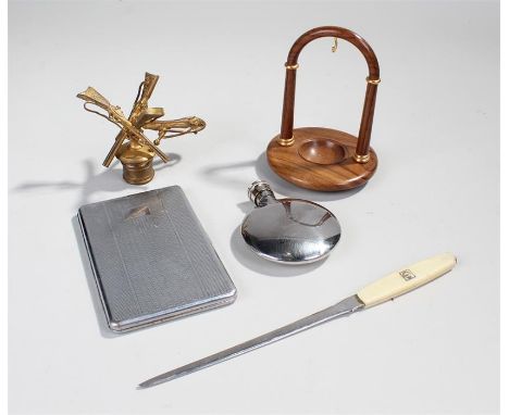 Mixed lot, to include a watch stand, a flask, letter opener, case and fitting