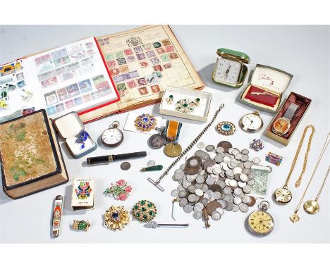 A collection of items to include, Two stamp collection books, a bible with an inscription inside dated 1884, costume jeweller