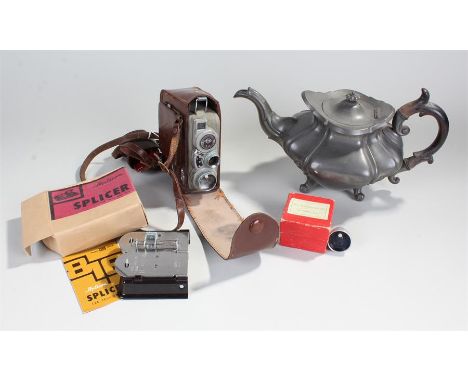 Eumig c3 Cine camera, in a leather case, together with a pewter teapot