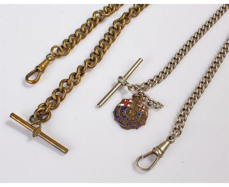 Two watch chains, brass,  27 cm long including T- bar and clasp, white metal with brass and enamel badge 'For Empire', 30 cm 