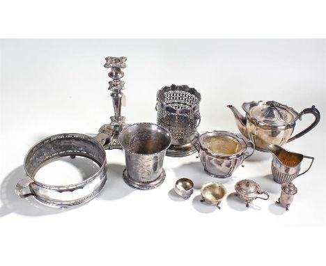 A mixed lot of Silver plated ware to include, a candlestick, jug, tea pot, two handled pot, condiments, (Qty)