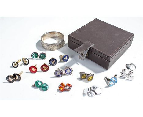 Silver bracelet, with foliate scroll decoration, together with a collection of cufflinks, (qty)